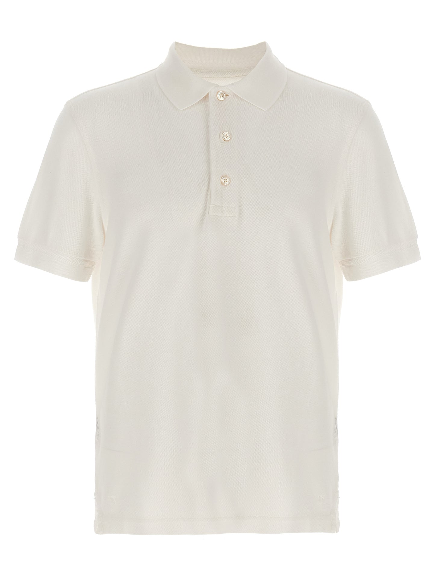 Polo Shirt by Tom Ford for men in lyocell & cotton white & patterned showcases a sharp silhouette, detailed with a refined and sharp short-sleeve for a sophisticated finish.
