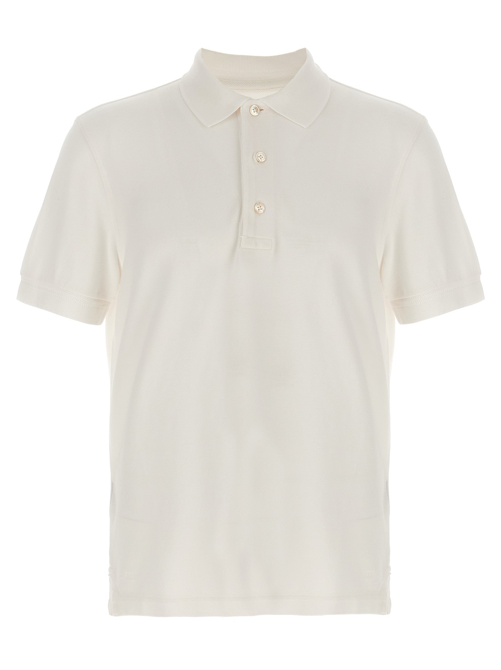 Polo Shirt by Tom Ford for men in lyocell & cotton white & patterned showcases a sharp silhouette, detailed with a refined and sharp short-sleeve for a sophisticated finish.