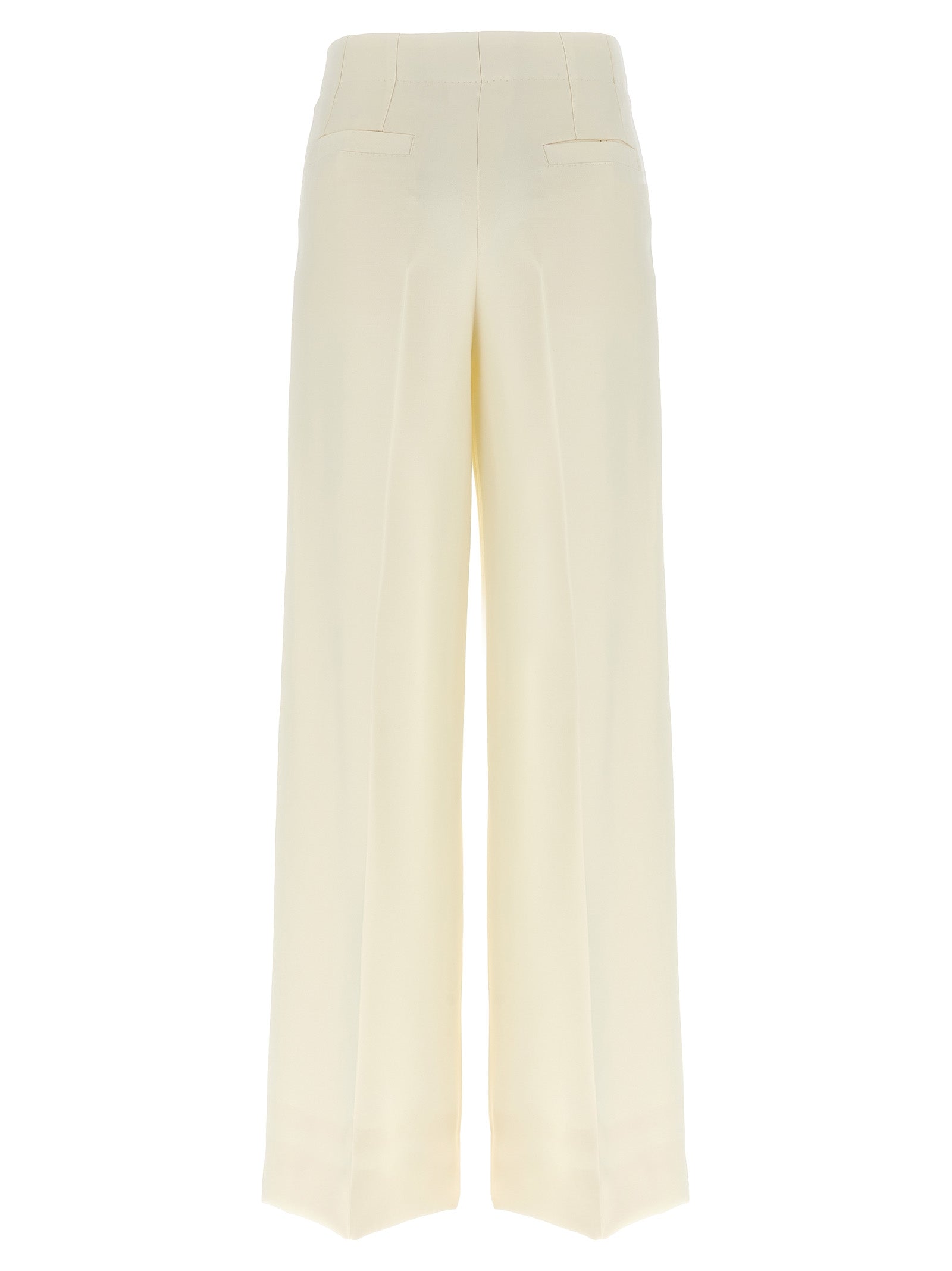 Trousers by Brioni for women in wool & silk white features an sartorial silhouette, showcasing a precise straight-leg & wide and long with a sartorial for a refined look.