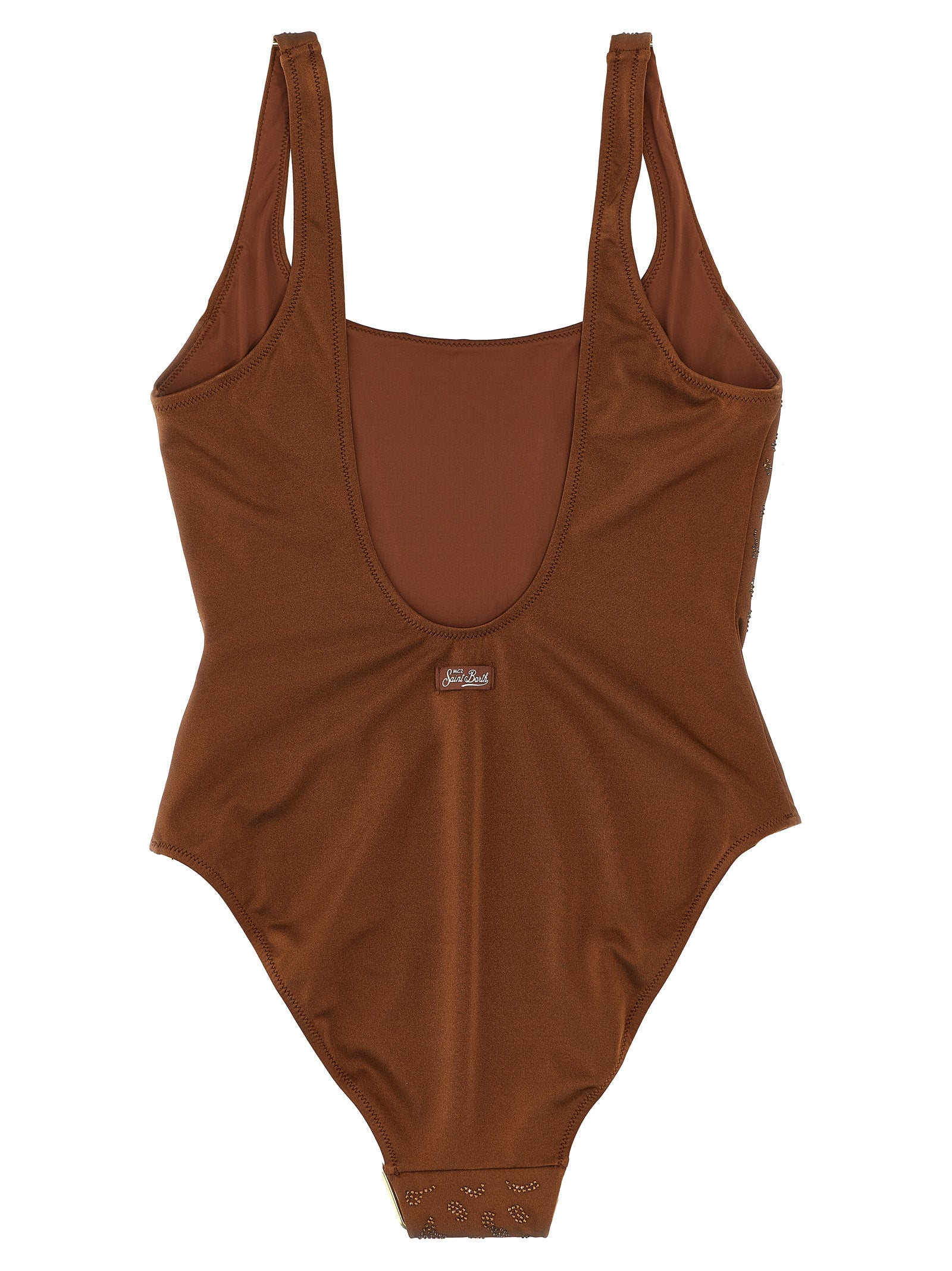 One-Piece Swimsuit by MC2 Saint Barth for women in polyester & rhinestones animal, brown & print showcases a couture inspired silhouette from the Women's Polyester & Rhinestones One-Piece Swimsuit collection, featuring a couture inspired cut designed for a couture inspired and couture inspired poolside look.