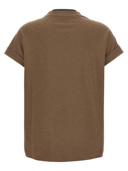 T-Shirt by Brunello Cucinelli for women in stretch cotton brown showcases a chic silhouette, artfully detailed with a chic v-neck neckline and for a chic finish.
