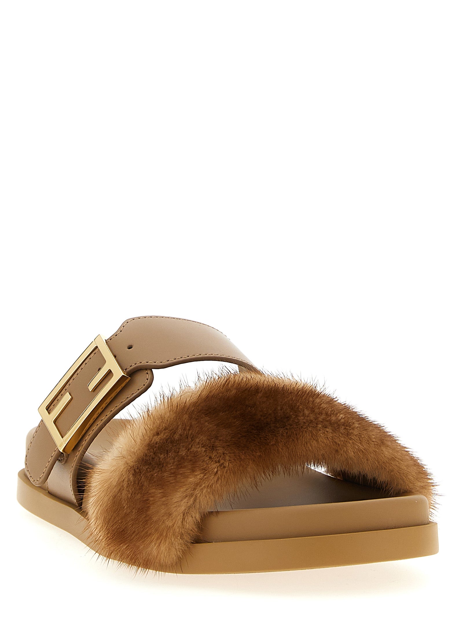 Sliders Flat Shoes by Fendi for women in plush leather brown & gold features an captivating silhouette, showcasing the captivating style of the Grace Women's Plush Leather Sliders Flat Shoes with its distinct and refined .