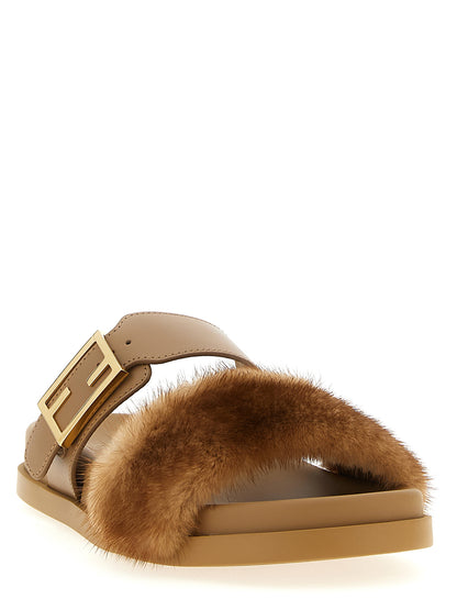 Sliders Flat Shoes by Fendi for women in plush leather brown & gold features an captivating silhouette, showcasing the captivating style of the Grace Women's Plush Leather Sliders Flat Shoes with its distinct and refined .