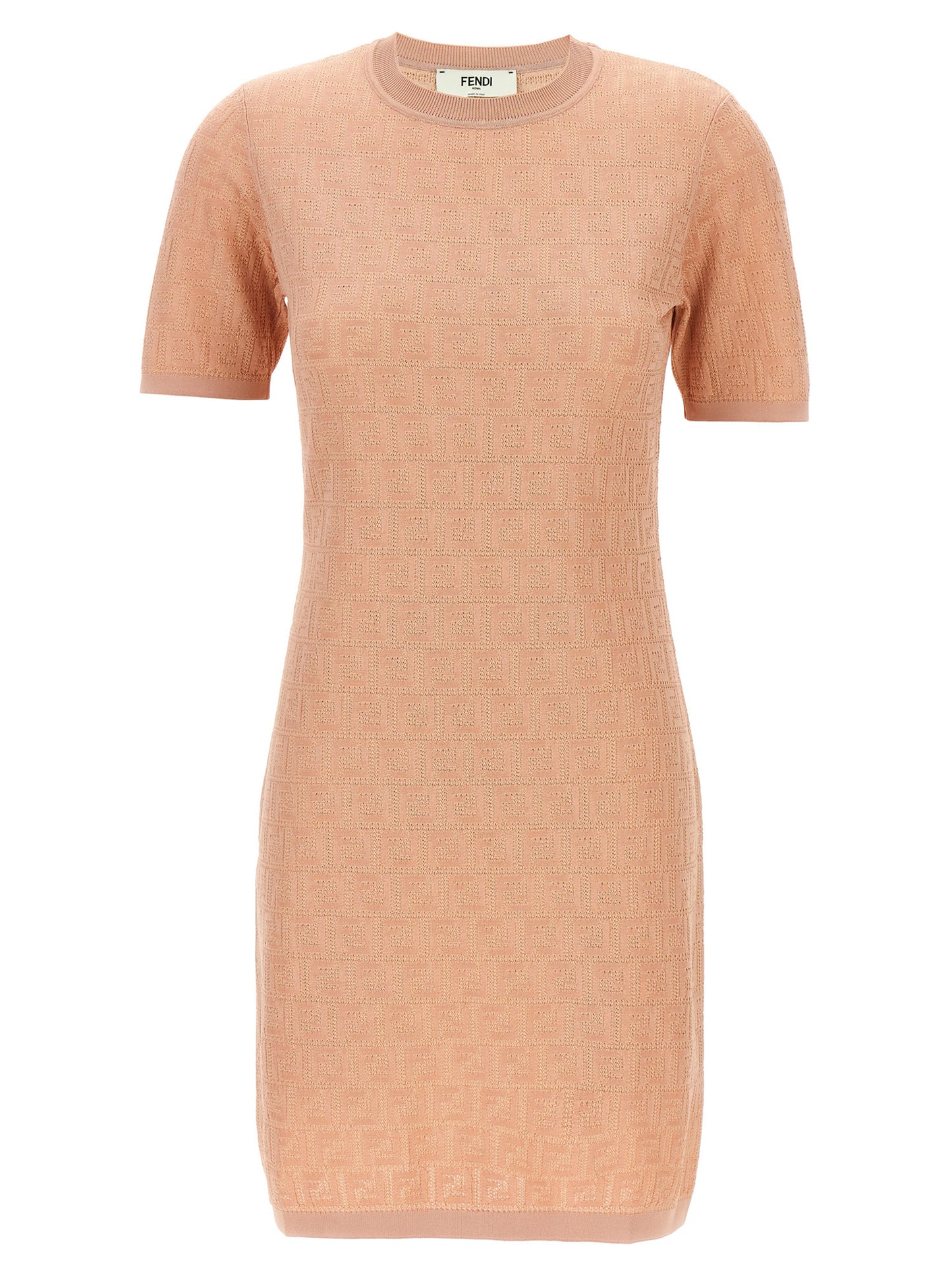 Dress by Fendi for women in cotton multicolor, pink & patterned features an sultry silhouette defined by a crew neckline and short-sleeve, falling to an sultry short mini for a sultry look.