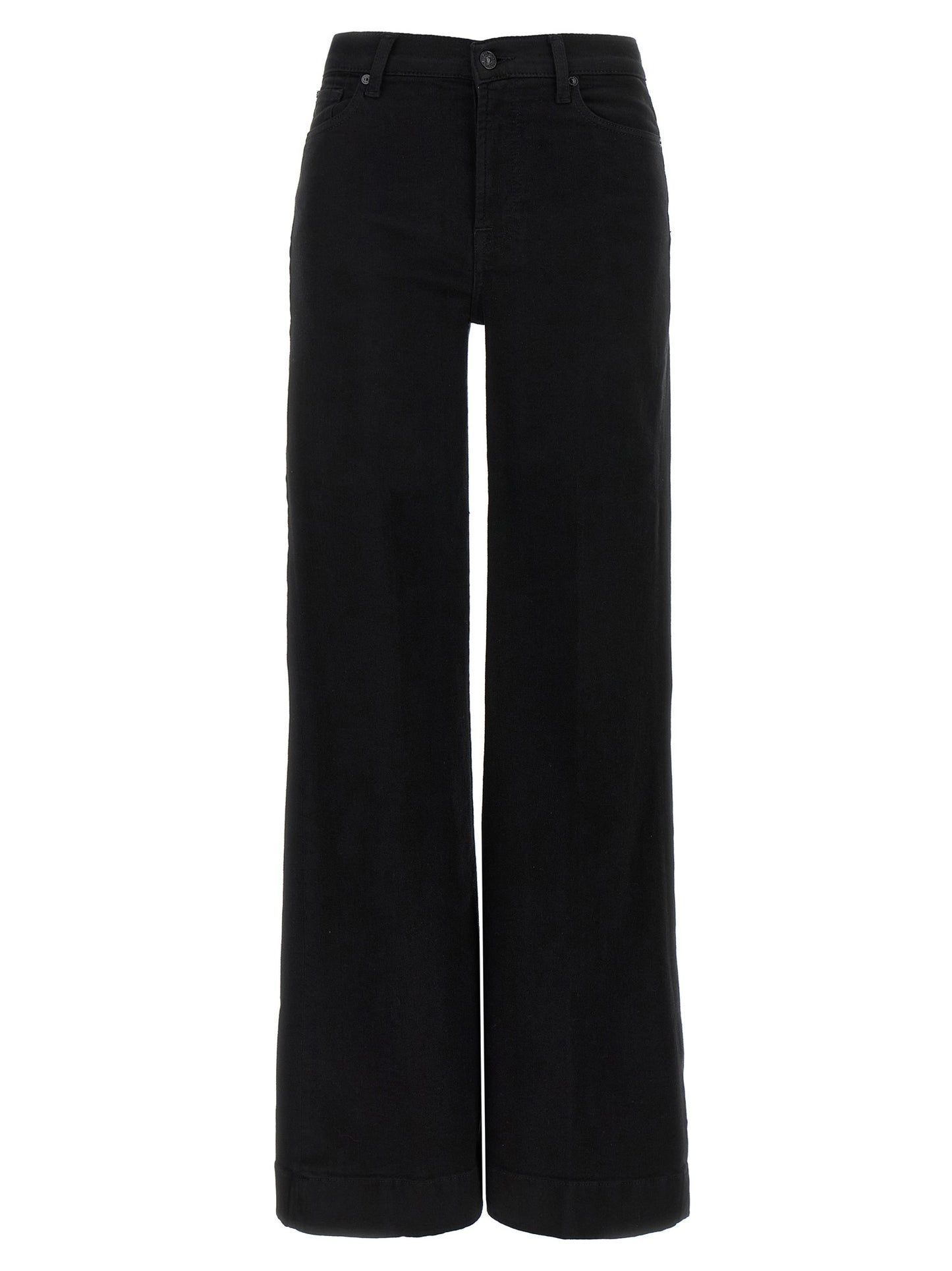 Jeans by 7 For All Mankind for women in stretch denim cotton black presents a tailored silhouette, showcasing a tailored flared & wide and long cut with a refined high rise for a truly tailored aesthetic.