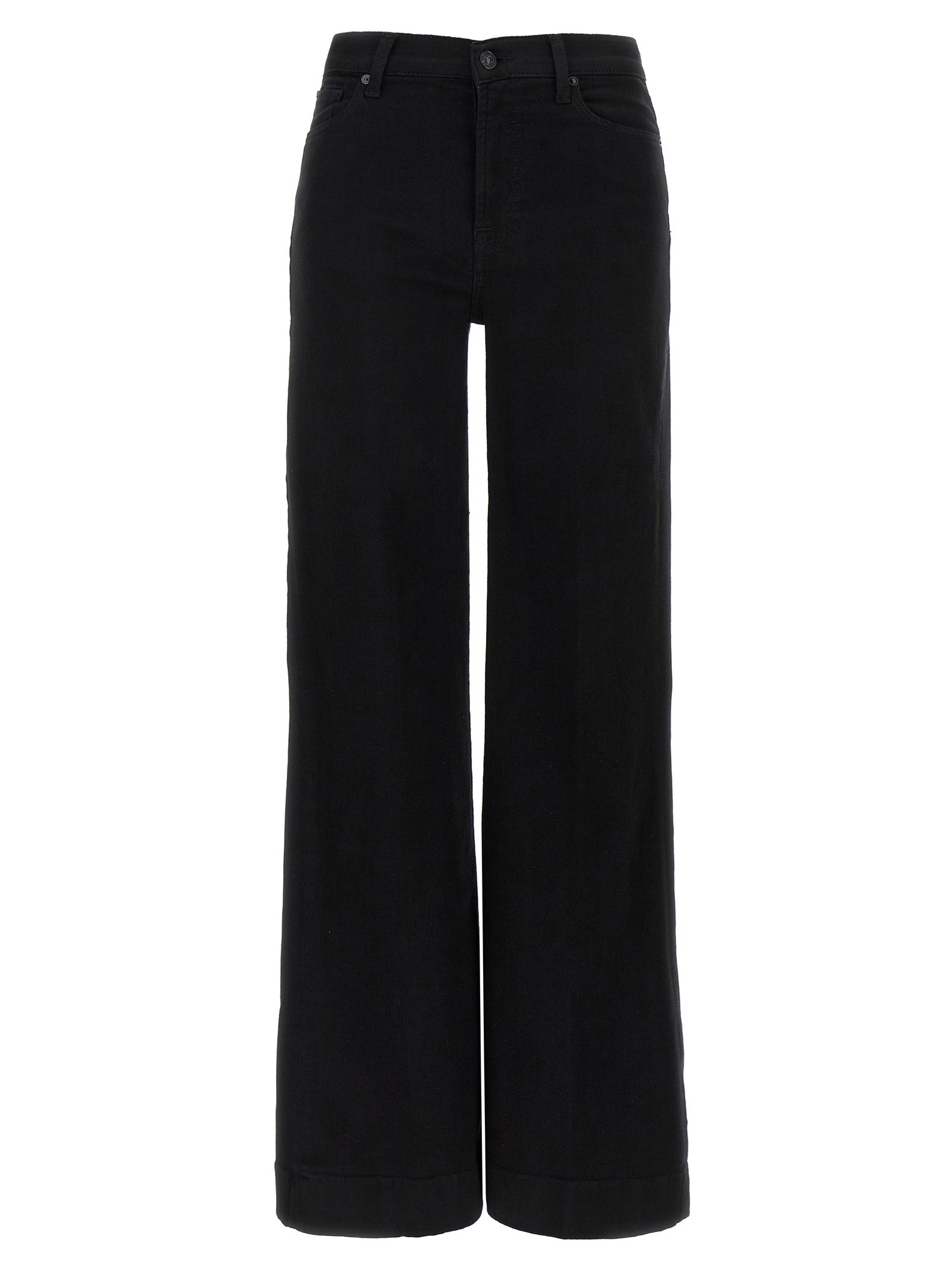 Jeans by 7 For All Mankind for women in stretch denim cotton black presents a tailored silhouette, showcasing a tailored flared & wide and long cut with a refined high rise for a truly tailored aesthetic.