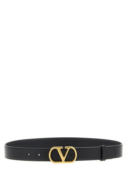 Belt by Valentino Garavani for women in calfskin leather black & gold features an artisanal finish, elegantly showcasing the signature style and artisanal craftsmanship of the V Logo Calfskin Leather Belt design.