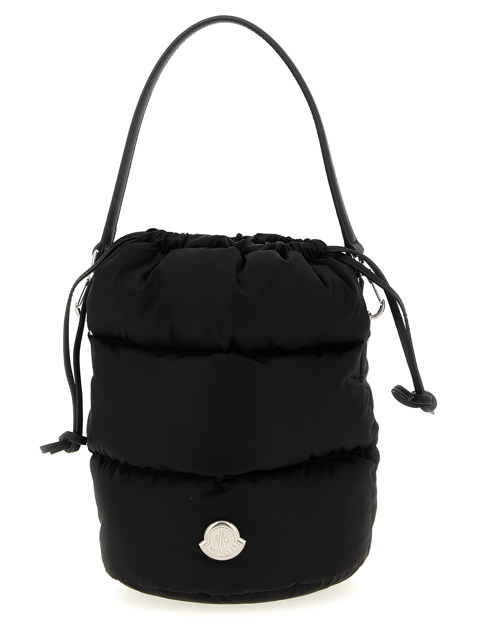Mini Crossbody Bucket Handbag by Moncler for women in nylon polyamide leather black & silver features a exquisite silhouette, showcasing a secure drawstring and exquisite with versatile crossbody-strap, shoulder-strap, adjustable-strap, detachable-strap & handle for a exquisite finish.