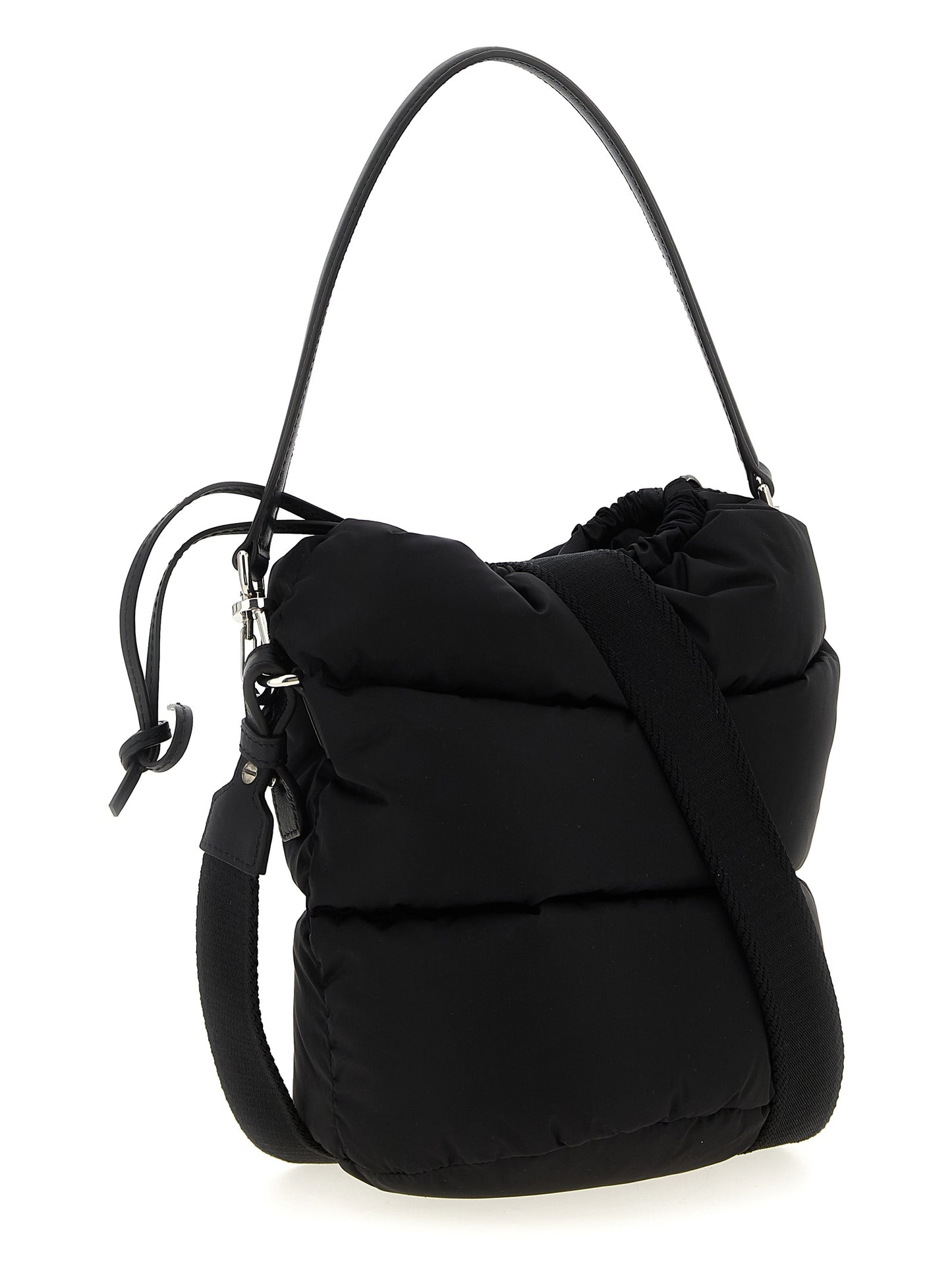 This Mini Crossbody Bucket Handbag by Moncler for women in nylon polyamide leather and black & silver presents a sculptural silhouette featuring a secure drawstring, ample , and versatile crossbody-strap, shoulder-strap, adjustable-strap, detachable-strap & handle for a sculptural finish.