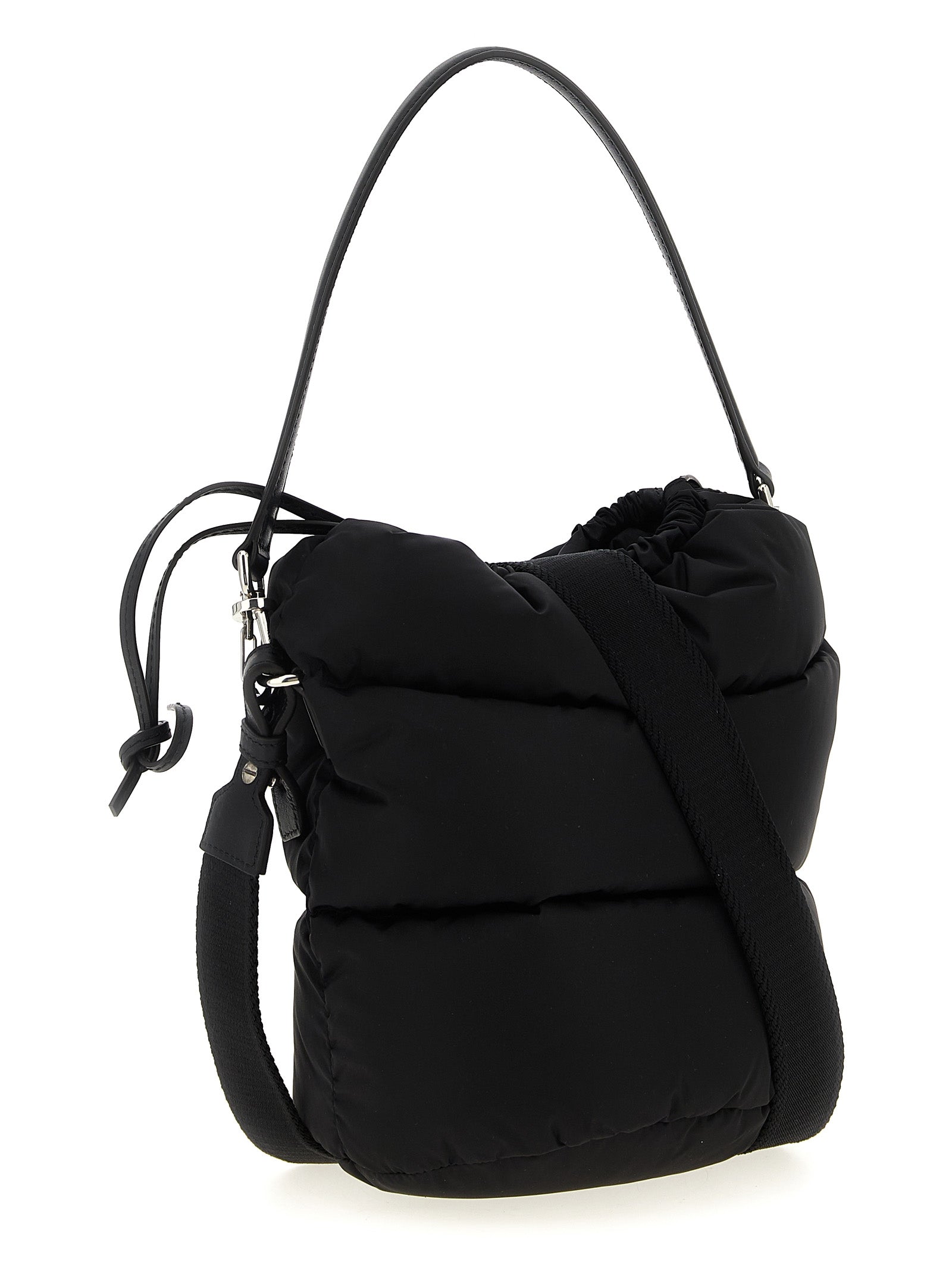This Mini Crossbody Bucket Handbag by Moncler for women in nylon polyamide leather and black & silver presents a sculptural silhouette featuring a secure drawstring, ample , and versatile crossbody-strap, shoulder-strap, adjustable-strap, detachable-strap & handle for a sculptural finish.