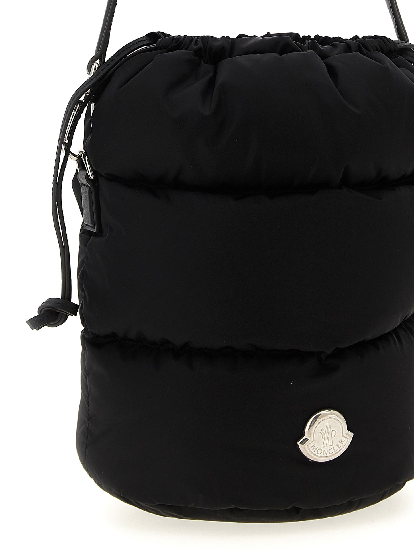 Mini Crossbody Bucket Handbag by Moncler for women in nylon polyamide leather black & silver features an refined silhouette, showcasing a secure drawstring, ample , and versatile crossbody-strap, shoulder-strap, adjustable-strap, detachable-strap & handle for a sophisticated refined aesthetic.