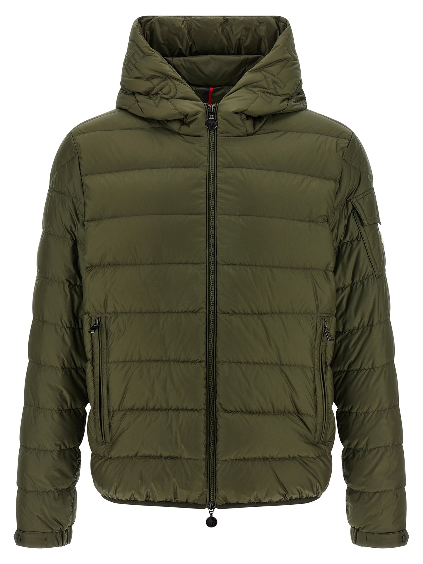 Hooded Puffer Jacket by Moncler for men in polyamide felt & goose-down bicolour & green features an contemporary silhouette, showcasing a sophisticated hooded neckline and contemporary pockets, hooded & insulated for a truly refined look.