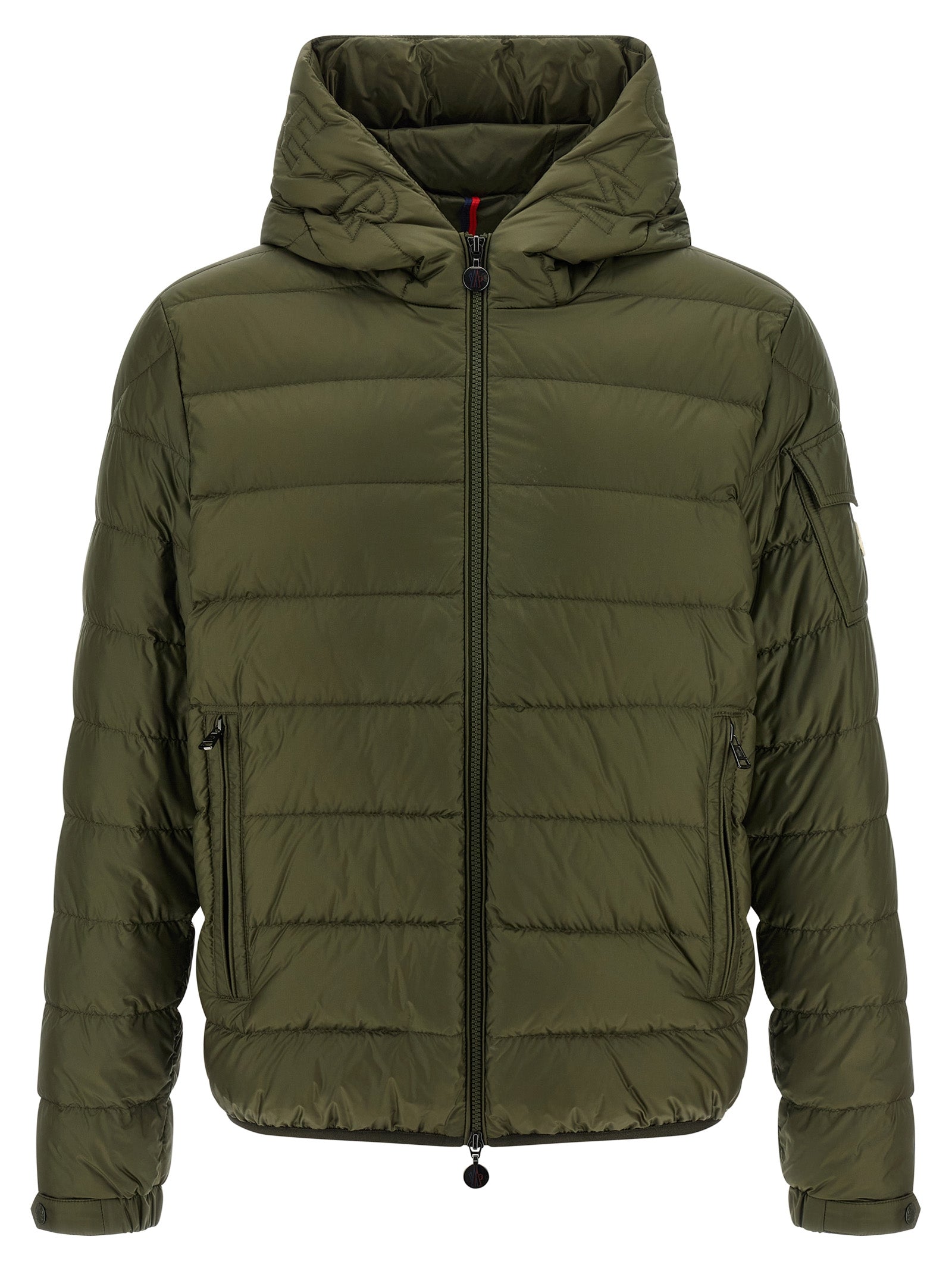 Hooded Puffer Jacket by Moncler for men in polyamide felt & goose-down bicolour & green features an contemporary silhouette, showcasing a sophisticated hooded neckline and contemporary pockets, hooded & insulated for a truly refined look.