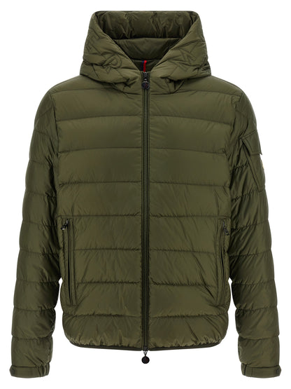 Hooded Puffer Jacket by Moncler for men in polyamide felt & goose-down bicolour & green features an contemporary silhouette, showcasing a sophisticated hooded neckline and contemporary pockets, hooded & insulated for a truly refined look.