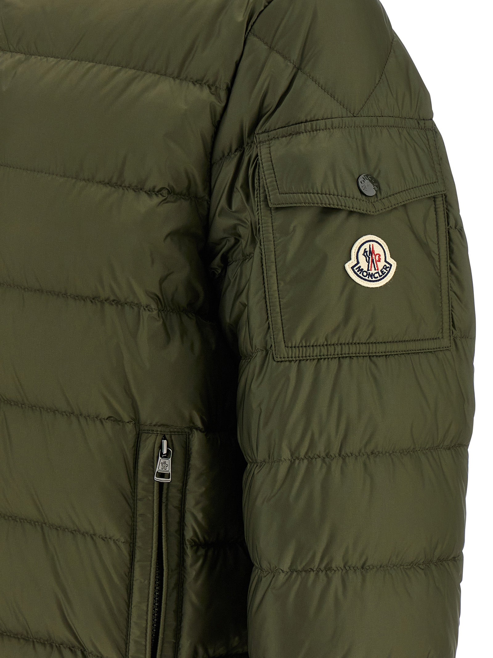 Hooded Puffer Jacket by Moncler for men in polyamide felt & goose-down bicolour & green features an on trend silhouette, showcasing refined pockets, hooded & insulated and a sophisticated for a truly on trend finish.
