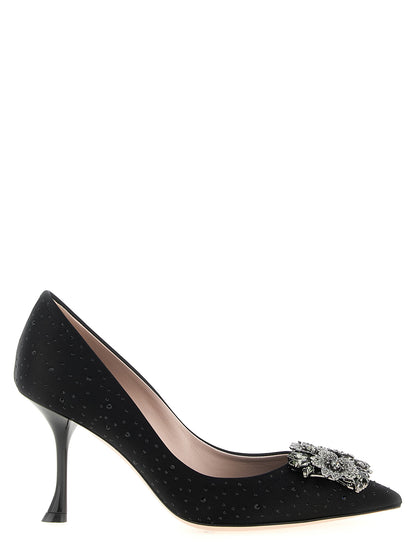 High-Heel Pumps Heels by Roger Vivier for women in silk satin viscose & leather black features an effortlessly chic silhouette from the Efflorescence Women's Silk Satin Viscose & Leather High-Heel Pumps Heels collection, showcasing a high-heel and effortlessly chic pointed toe style for a effortlessly chic look.