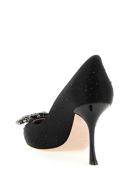 High-Heel Pumps Heels by Roger Vivier for women in silk satin viscose & leather black features an captivating silhouette, showcasing the elegant Efflorescence Women's Silk Satin Viscose & Leather High-Heel Pumps Heels design with a high-heel and a sophisticated pointed toe style.
