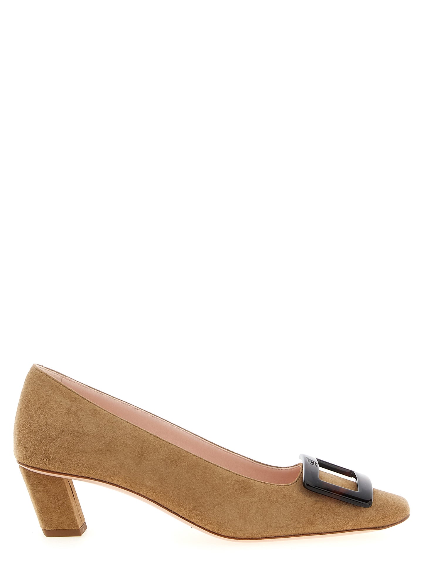 Mid-Heel Pumps Heels by Roger Vivier for women in suede goat leather & acetate beige features a effortless chic silhouette, showcasing the Belle Vivier Women's Suede Goat Leather & Acetate Mid-Heel Pumps Heels design with a effortless chic mid-heel and square toe style for a effortless chic finish.