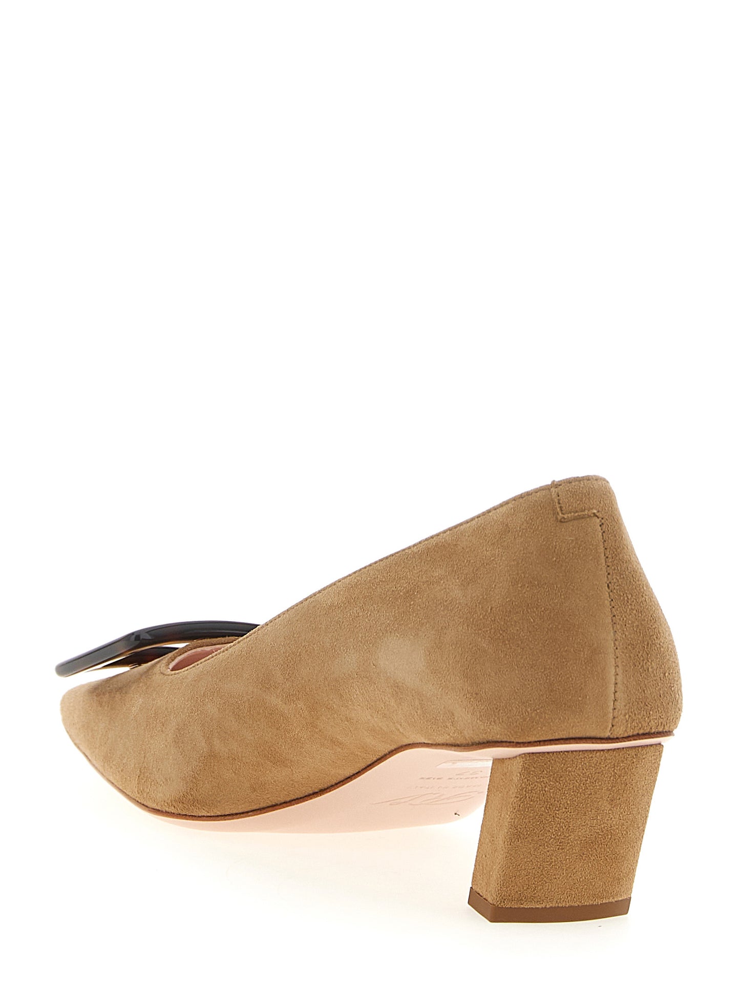 Mid-Heel Pumps Heels by Roger Vivier for women in suede goat leather & acetate beige features a effortless chic silhouette, showcasing the Belle Vivier Women's Suede Goat Leather & Acetate Mid-Heel Pumps Heels design with a effortless chic mid-heel and square toe style for a effortless chic finish.