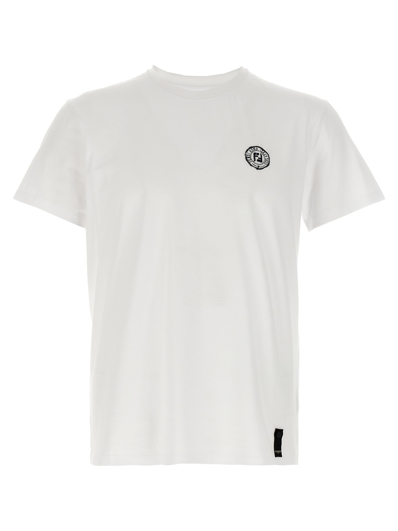 T-Shirt by Fendi for men in cotton canvas white showcases a dramatic silhouette, elegantly detailed with a dramatic crew neckline and short-sleeve for a truly dramatic finish.