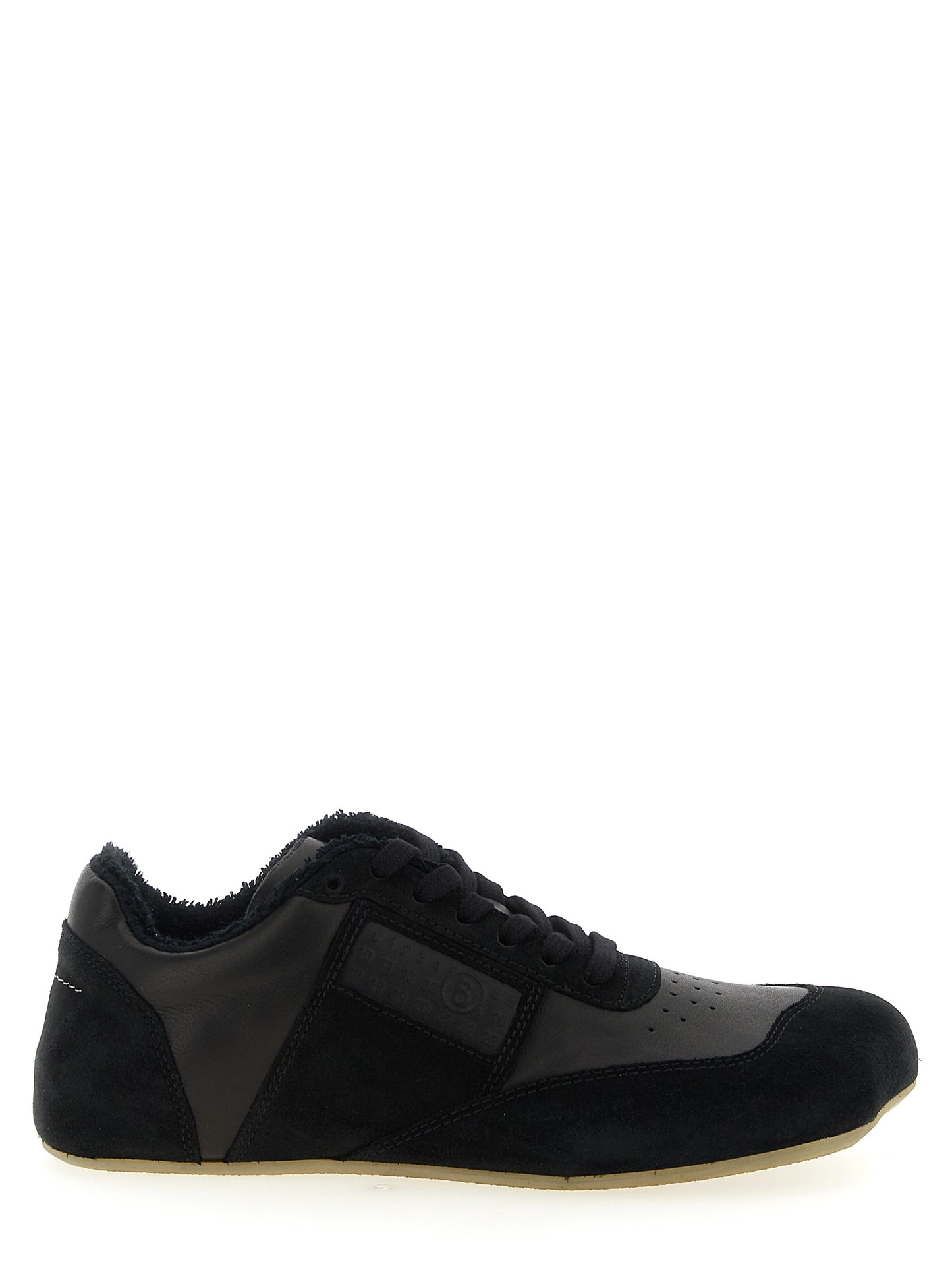 Athletic Sneakers by MM6 Maison Margiela for men in calfskin leather black, white & signature features an effortless chic silhouette, showcasing the signature athletic style of the Men's Athletic Calfskin Leather Sneakers collection with a truly effortless chic finish.