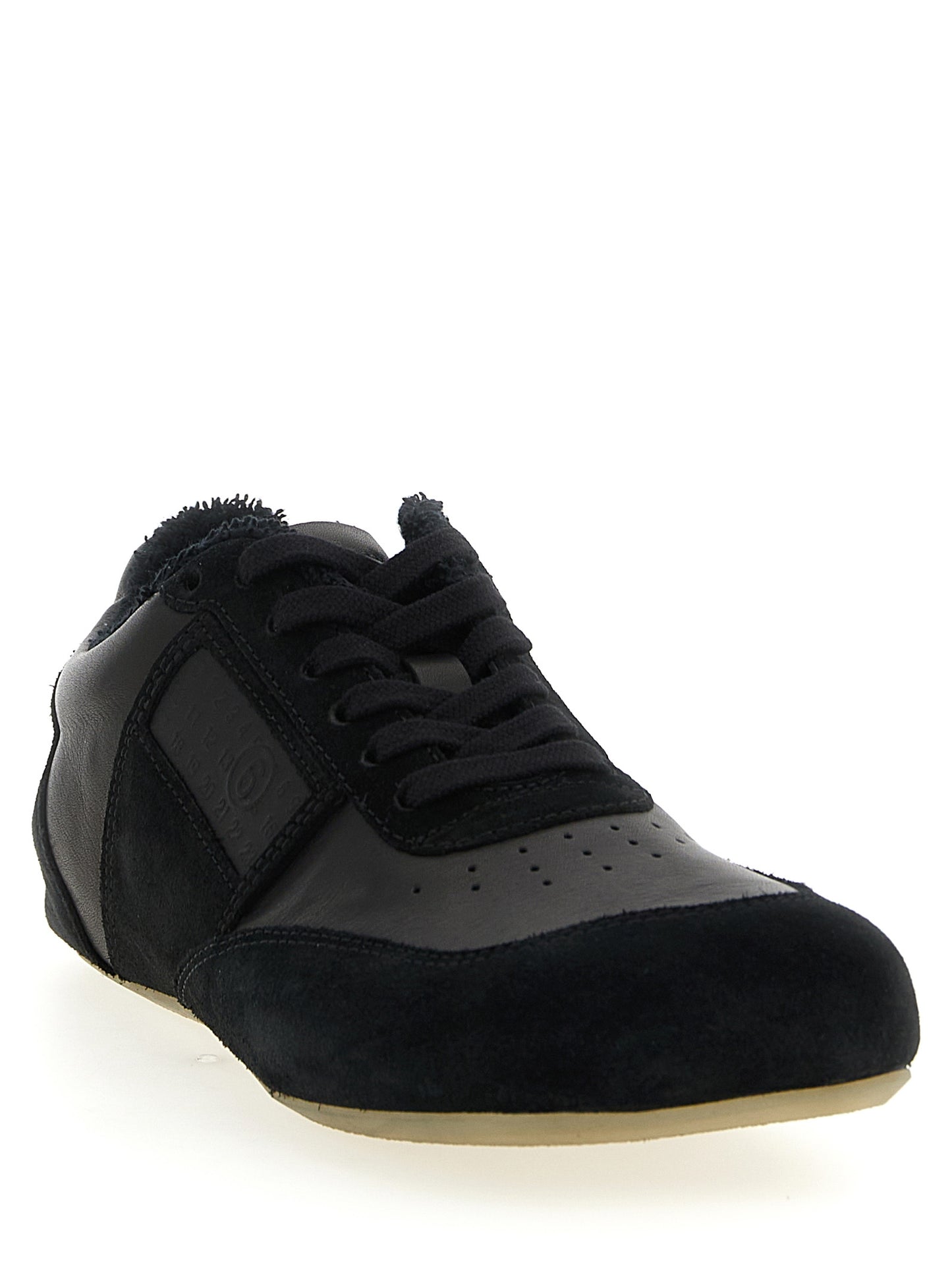 Athletic Sneakers by MM6 Maison Margiela for men in calfskin leather black, white & signature features an timeless silhouette from the Men's Athletic Calfskin Leather Sneakers collection, showcasing a timeless athletic style for a timeless look.