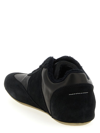 Athletic Sneakers by MM6 Maison Margiela for men in calfskin leather black, white & signature presents a sleek silhouette, perfectly capturing the athletic style essence of Men's Athletic Calfskin Leather Sneakers with its sleek design and premium finish.