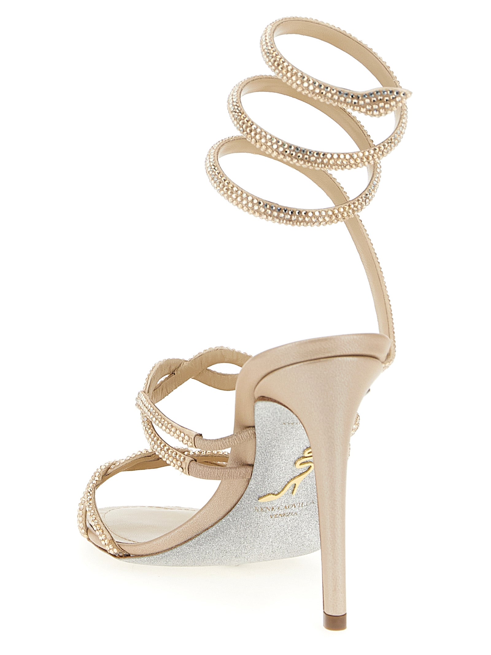 Stiletto Sandals by RENE CAOVILLA for women in satin & rhinestone beige & signature features an effortlessly chic silhouette from the Women's Satin & Rhinestone Stiletto Sandals collection, showcasing a effortlessly chic stiletto and elegant .