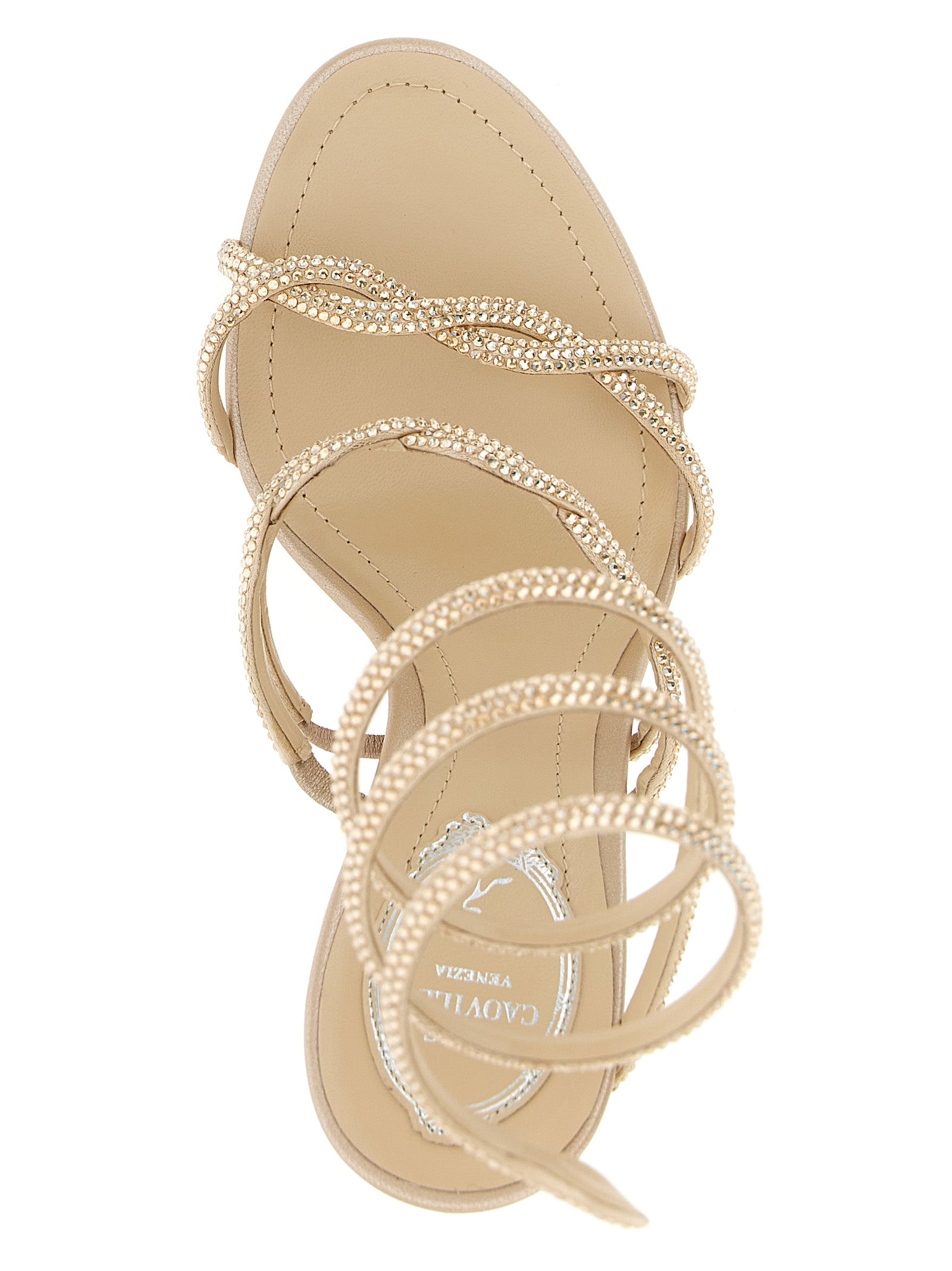 Stiletto Sandals by RENE CAOVILLA for women in satin & rhinestone and beige & signature presents a captivating silhouette, showcasing the signature style of the Women's Satin & Rhinestone Stiletto Sandals with a captivating stiletto and captivating .