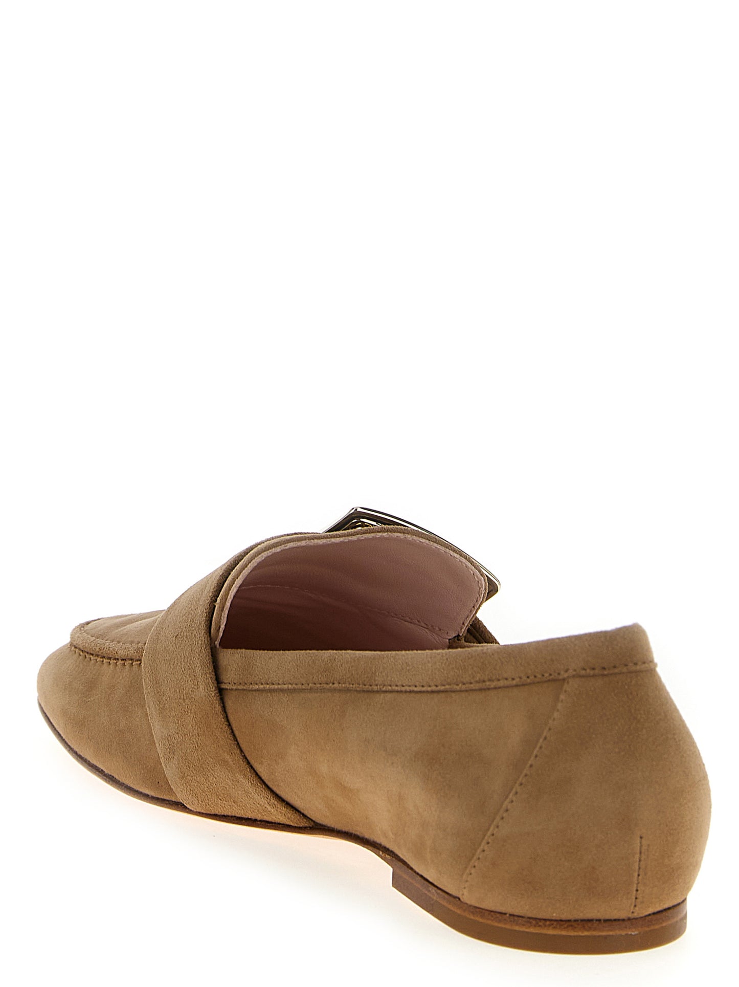 Flat Loafer Slip-On Shoes by Roger Vivier for women in suede goatskin leather beige & signature features an ergonomic silhouette, perfectly showcasing Women's Suede Goatskin Leather Flat Loafer Slip-On Shoes with its distinct flat and elegant .