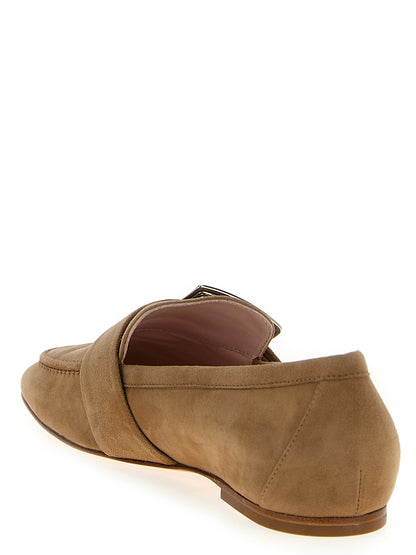 Flat Loafer Slip-On Shoes by Roger Vivier for women in suede goatskin leather beige & signature features an ergonomic silhouette, perfectly showcasing Women's Suede Goatskin Leather Flat Loafer Slip-On Shoes with its distinct flat and elegant .