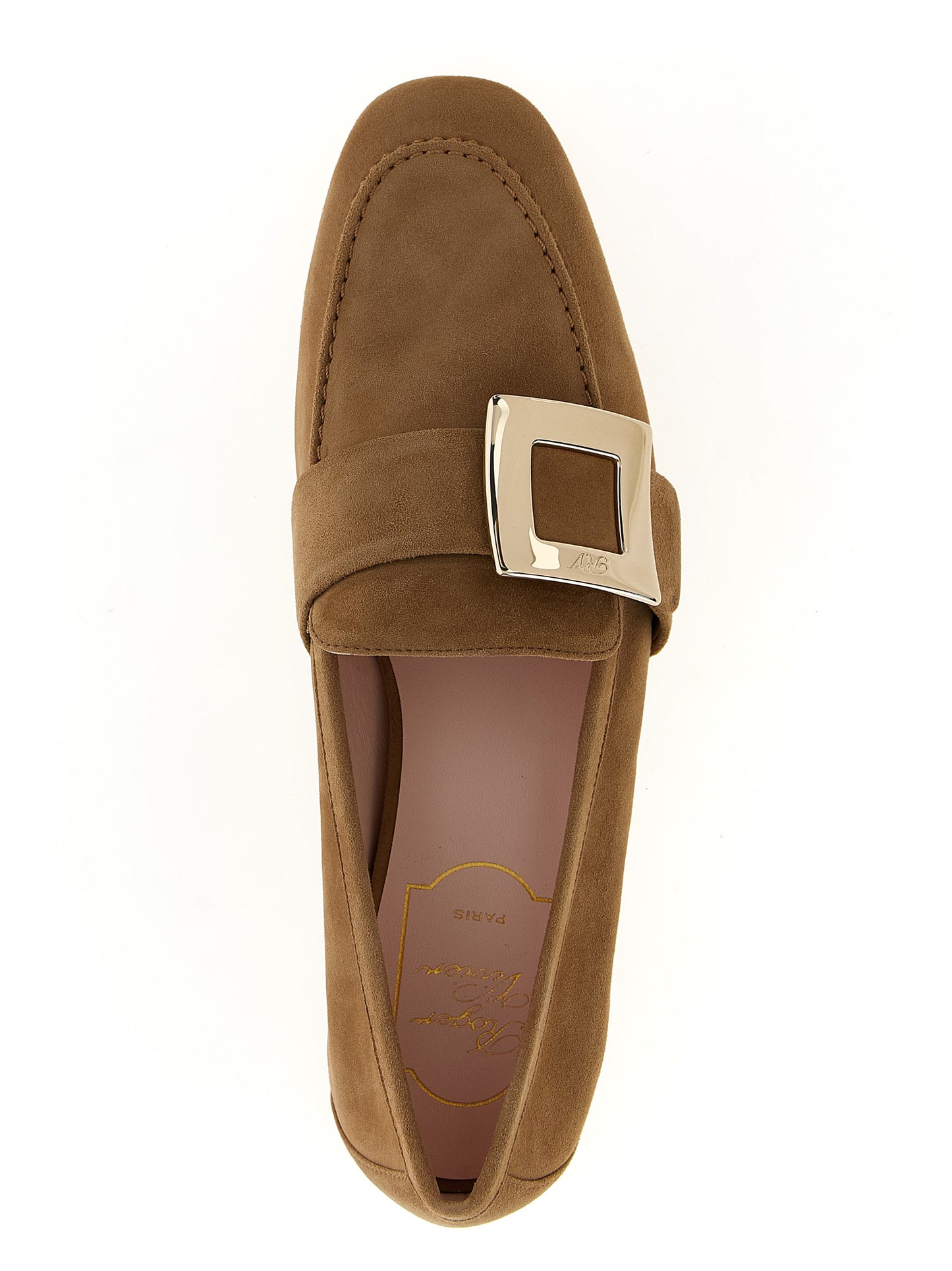 Flat Loafer Slip-On Shoes by Roger Vivier for women in suede goatskin leather beige & signature showcases a impeccable silhouette as Women's Suede Goatskin Leather Flat Loafer Slip-On Shoes, artfully designed with a impeccable flat and refined for a impeccable finish.