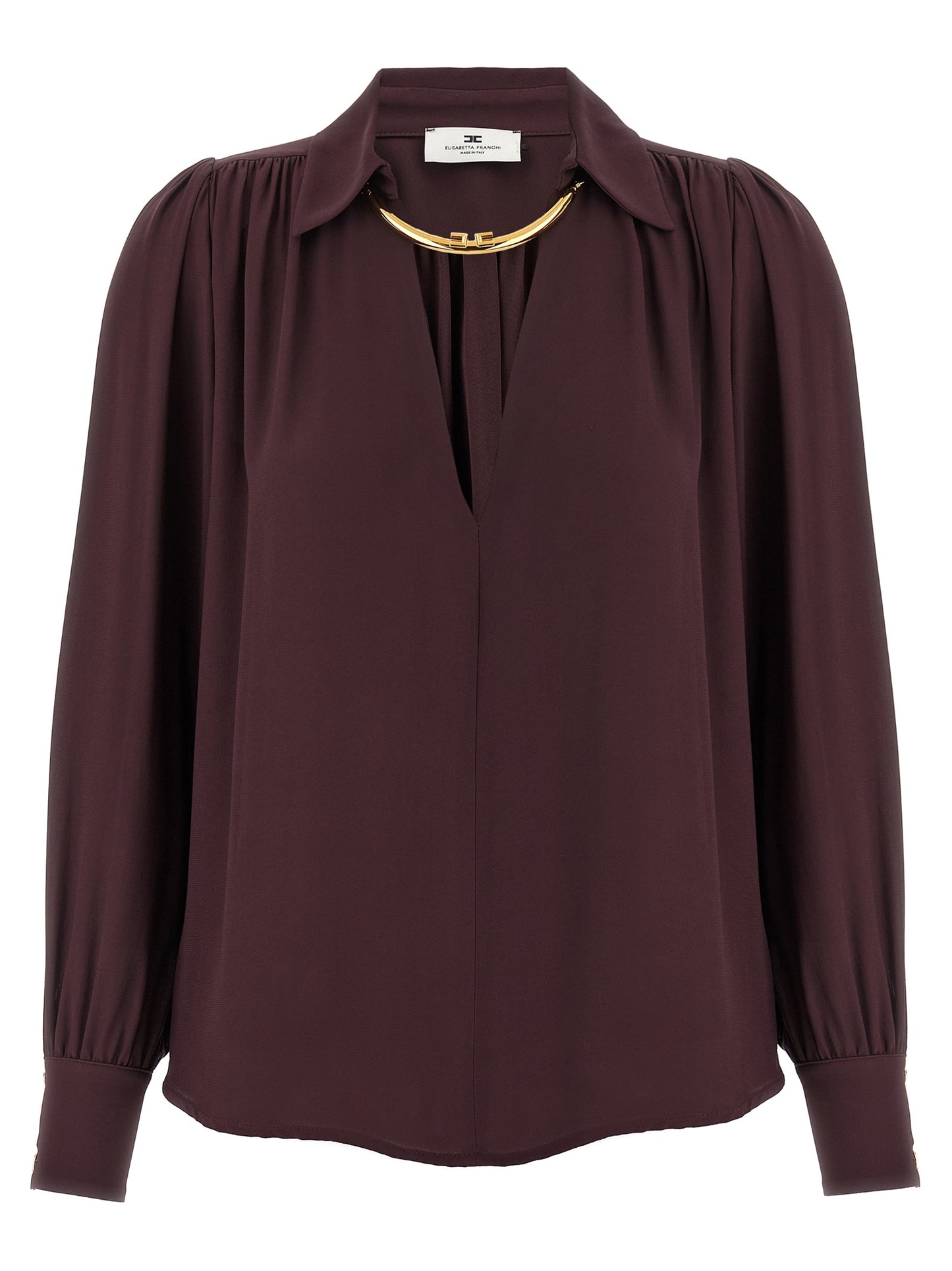 Blouse by Elisabetta Franchi for women in viscose purple showcases a sublime silhouette, artfully detailed with a sublime v-neck neckline and for a sophisticated, sublime finish.