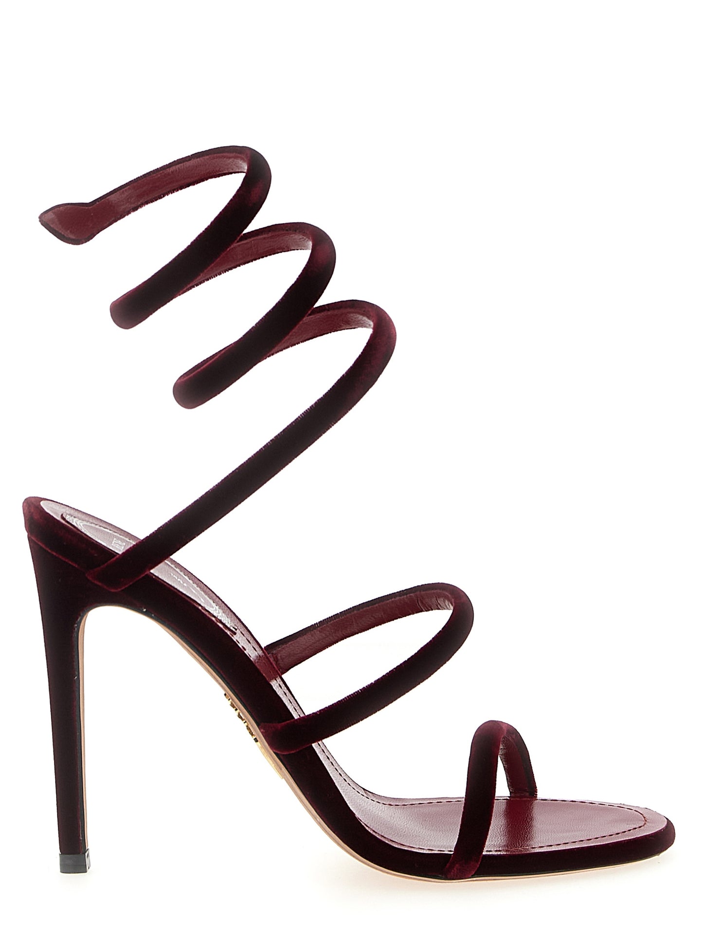 Stiletto Sandals by RENE CAOVILLA for women in plush textile leather and bordeaux presents a captivating silhouette, showcasing the signature style of the Women's Plush Textile Leather Stiletto Sandals with a captivating stiletto and captivating .