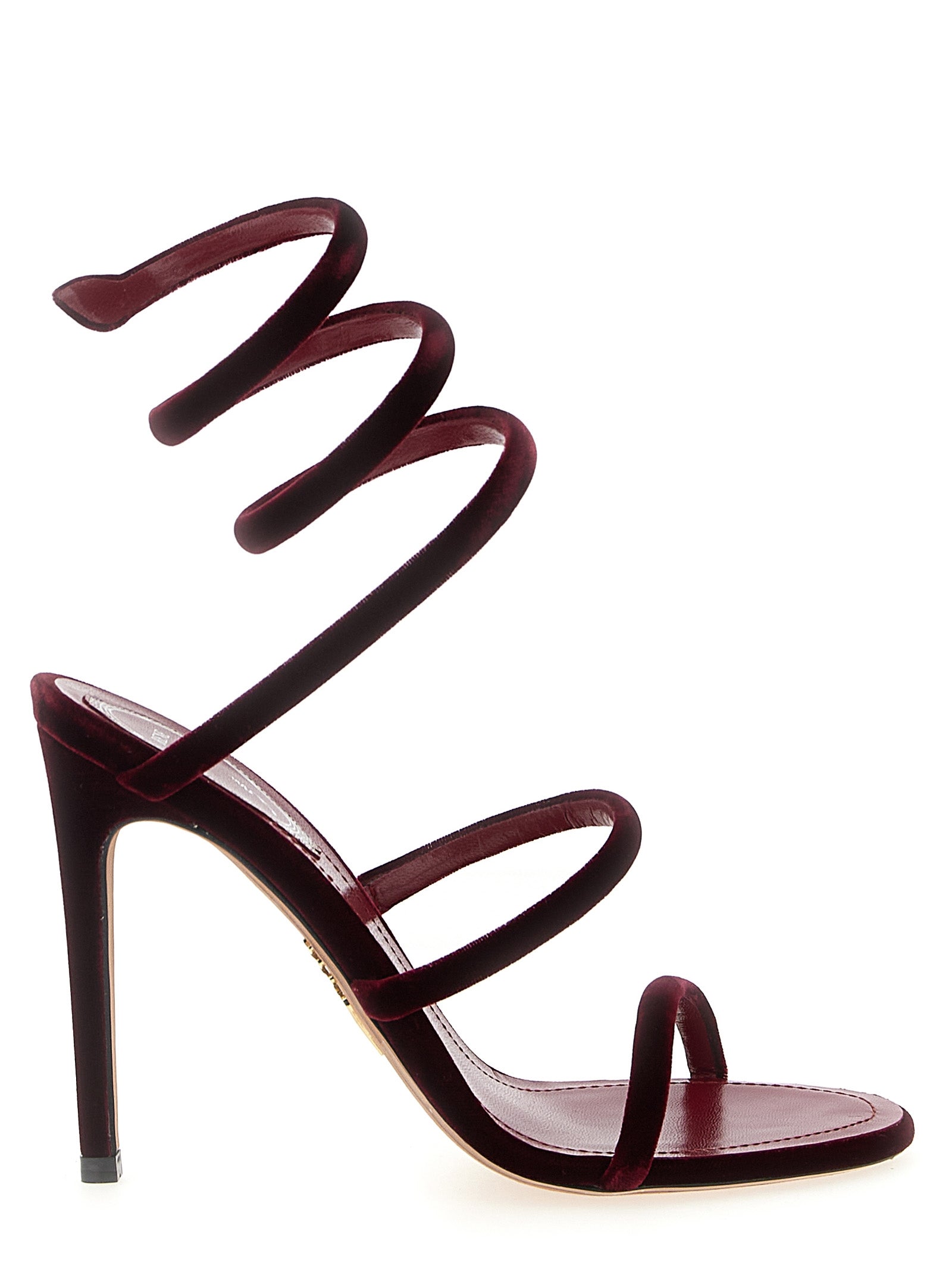 Stiletto Sandals by RENE CAOVILLA for women in plush textile leather and bordeaux presents a captivating silhouette, showcasing the signature style of the Women's Plush Textile Leather Stiletto Sandals with a captivating stiletto and captivating .