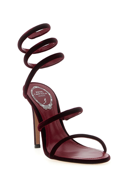 Stiletto Sandals by RENE CAOVILLA for women in plush textile leather bordeaux presents a sculptural silhouette, showcasing the Women's Plush Textile Leather Stiletto Sandals design with a sculptural stiletto and for a premium look.