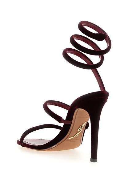 Stiletto Sandals by RENE CAOVILLA for women in plush textile leather bordeaux showcases a sculptural silhouette as Women's Plush Textile Leather Stiletto Sandals, defined by a sculptural stiletto and sculptural for a sculptural look.