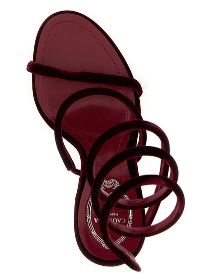Stiletto Sandals by RENE CAOVILLA for women in plush textile leather bordeaux features an effortlessly chic silhouette from the Women's Plush Textile Leather Stiletto Sandals collection, showcasing a effortlessly chic stiletto and elegant .