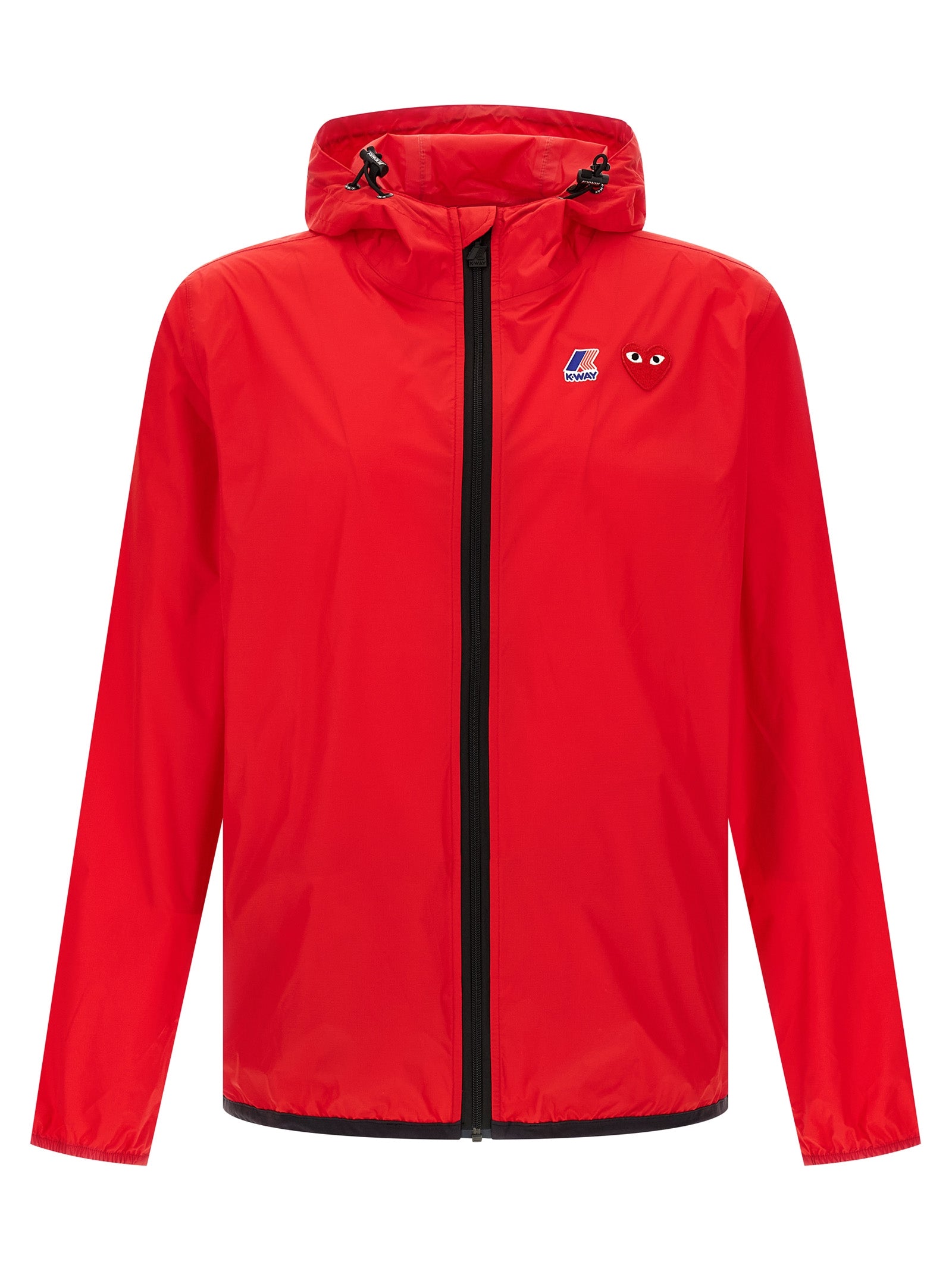 Hooded Windbreaker Jacket by Comme Des Garçons Play for women in nylon fabric multicolor, red & print features an perennial silhouette with a refined hooded neckline and perennial water-resistant, pockets, hooded & windproof for a sophisticated weather-resistant look.