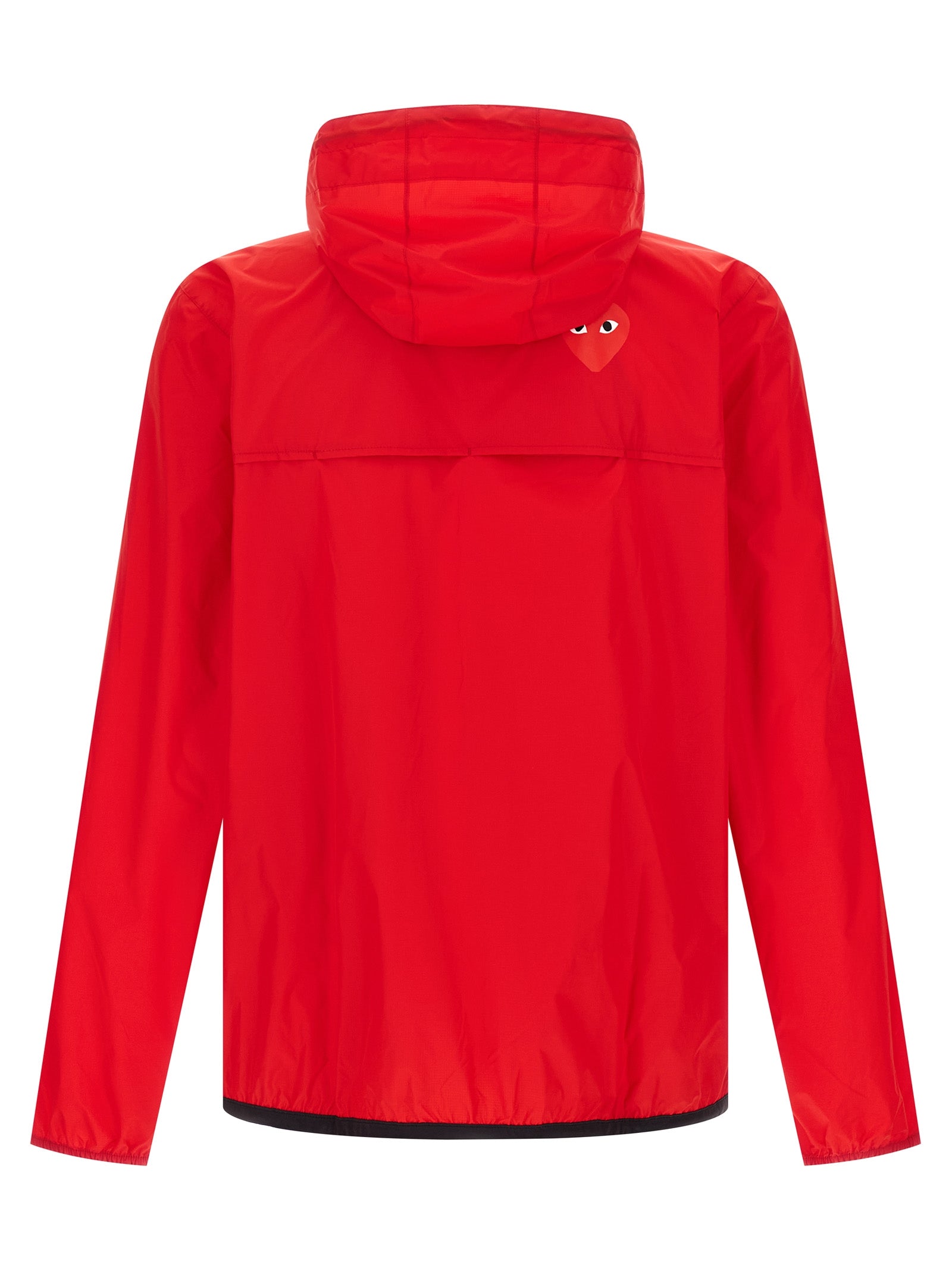 Hooded Windbreaker Jacket by Comme Des Garçons Play for women in nylon fabric multicolor, red & print features an enduring silhouette, showcasing technical water-resistant, pockets, hooded & windproof and a sophisticated hooded neckline for a truly enduring aesthetic.