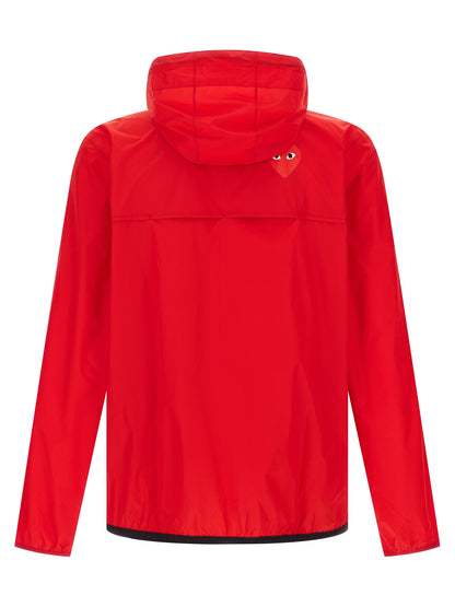 Hooded Windbreaker Jacket by Comme Des Garçons Play for women in nylon fabric multicolor, red & print features an enduring silhouette, showcasing technical water-resistant, pockets, hooded & windproof and a sophisticated hooded neckline for a truly enduring aesthetic.
