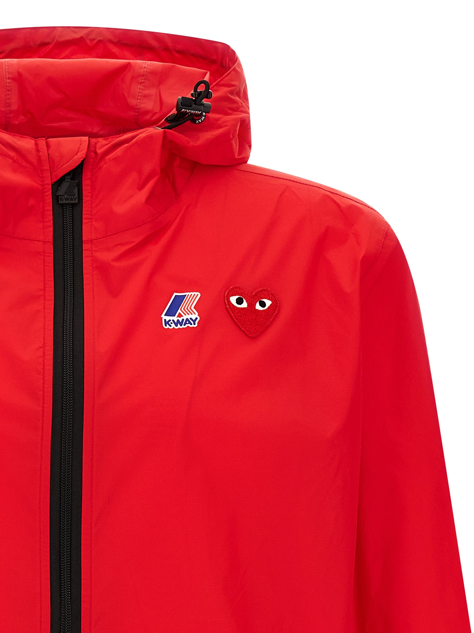 Hooded Windbreaker Jacket by Comme Des Garçons Play for women in nylon fabric multicolor, red & print showcases a urban chic silhouette, detailed with a urban chic hooded neckline and functional water-resistant, pockets, hooded & windproof for a polished finish.