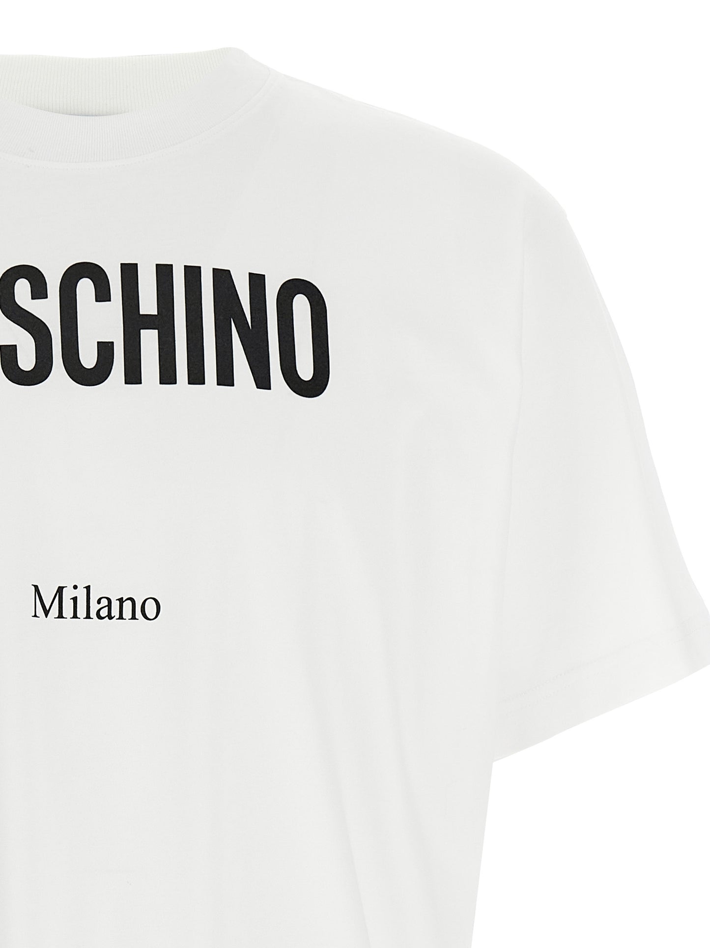 T-Shirt by Moschino for men in cotton bicolour, black, white & print showcases a chic silhouette, artfully detailed with a chic crew neckline and for a chic finish.
