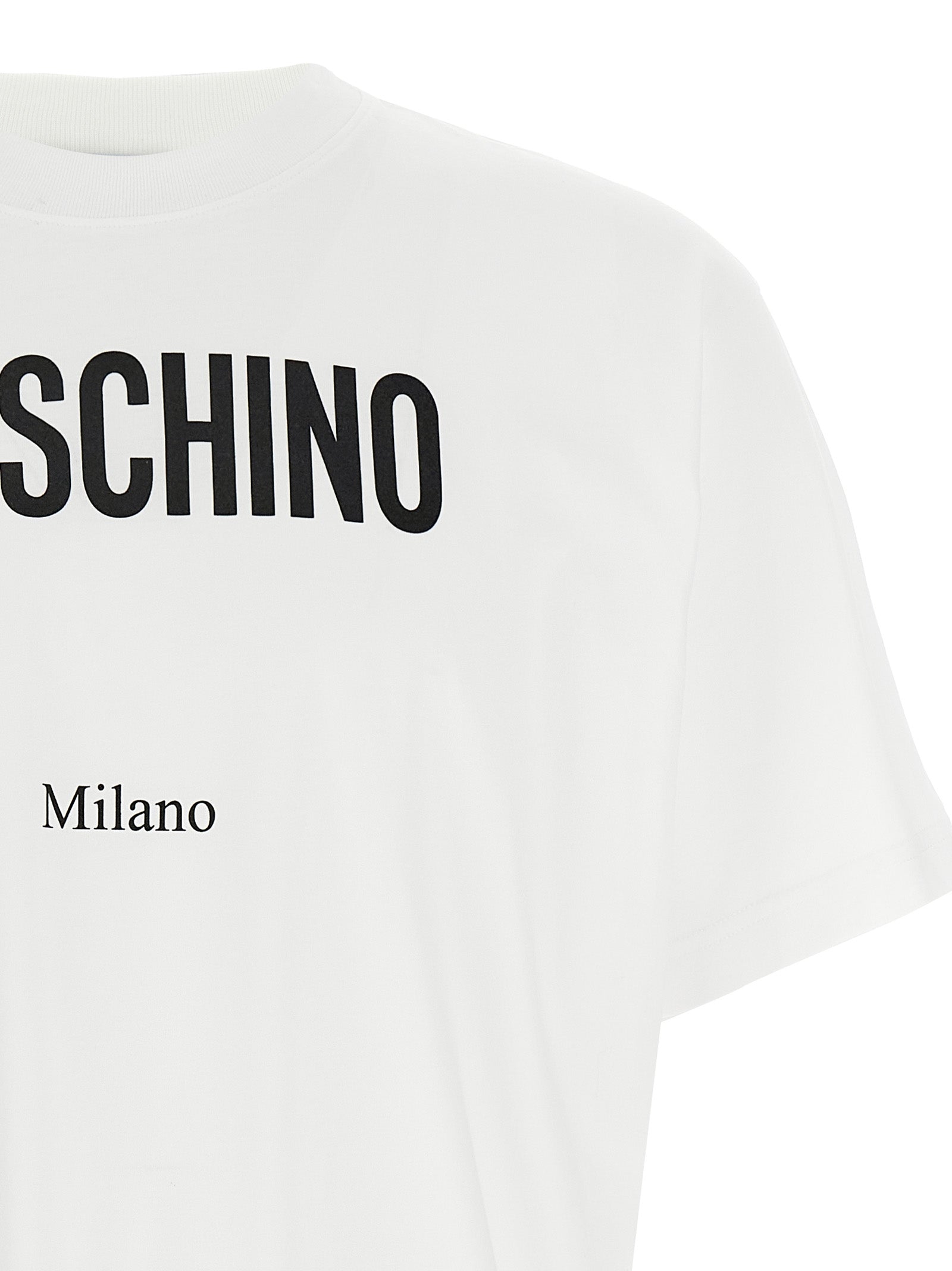 T-Shirt by Moschino for men in cotton bicolour, black, white & print showcases a chic silhouette, artfully detailed with a chic crew neckline and for a chic finish.