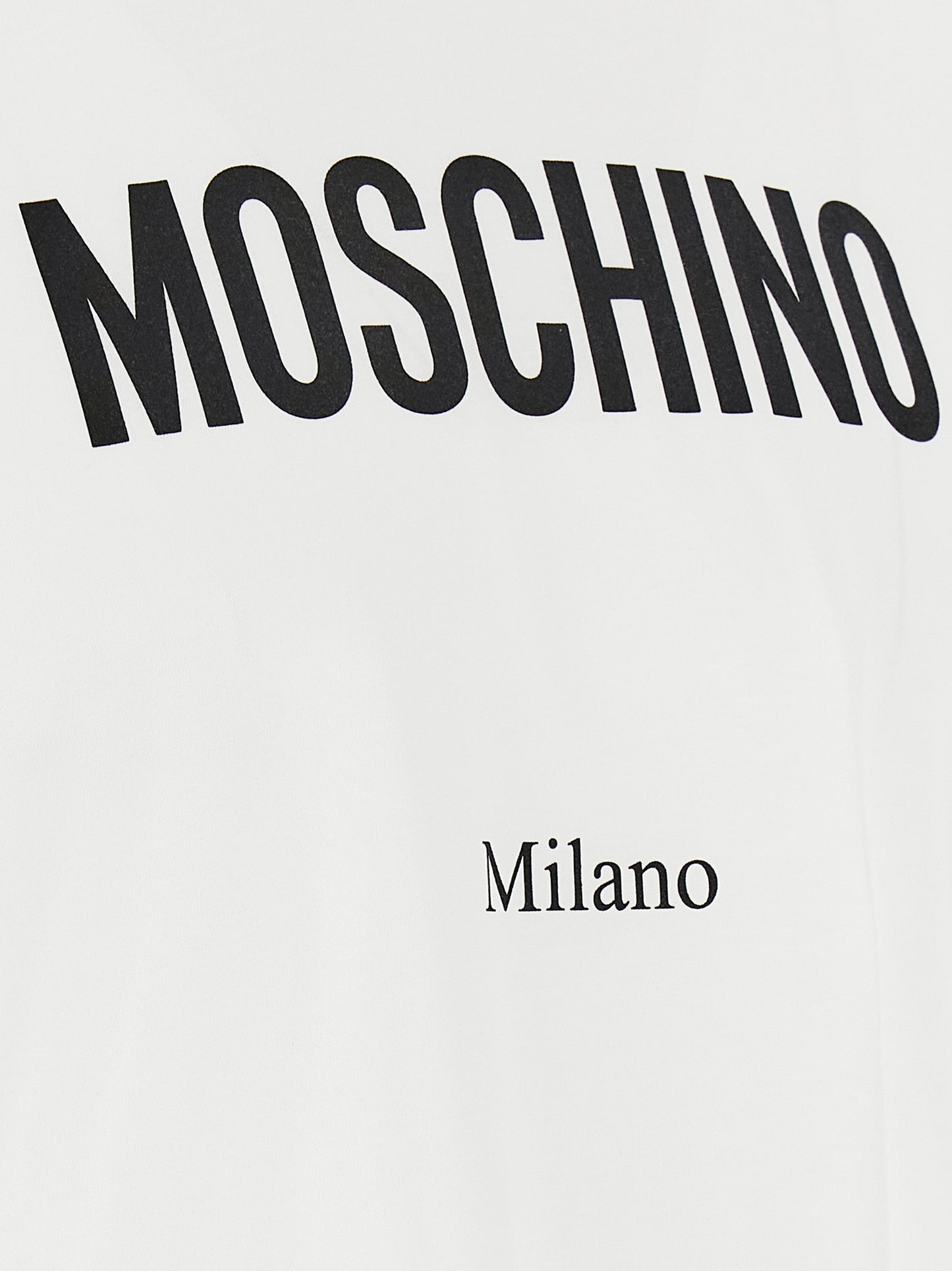 T-Shirt by Moschino for men in cotton bicolour, black, white & print showcases a fashionable silhouette, elegantly detailed with a fashionable and for a sophisticated, high-fashion look.
