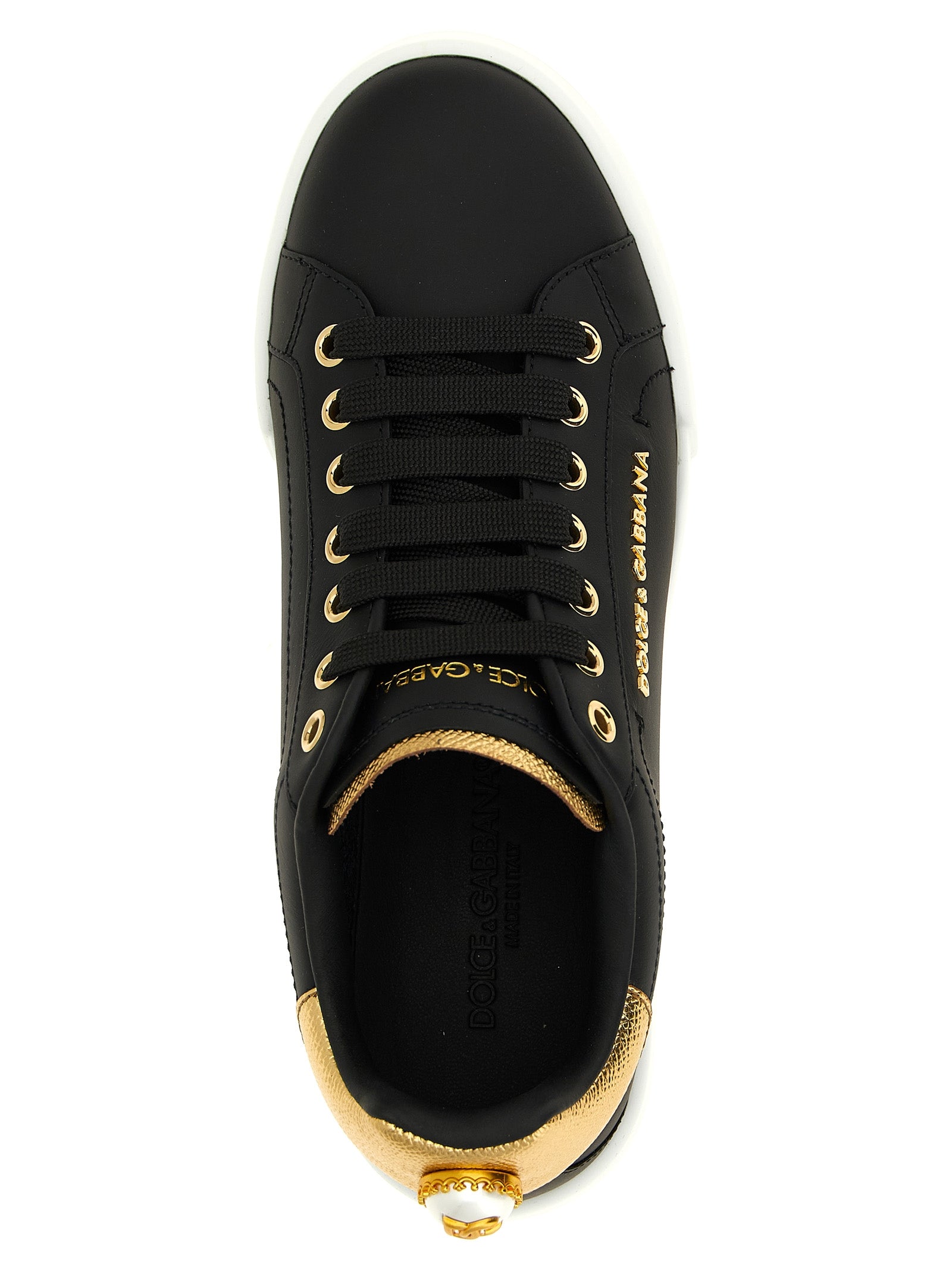 Sneakers by Dolce & Gabbana for women in calfskin leather black & pearl features an fashionable silhouette, showcasing the premium Women's Fashion Calfskin Leather Sneakers in a fashionable fashion style that offers a fashionable finish for refined style.