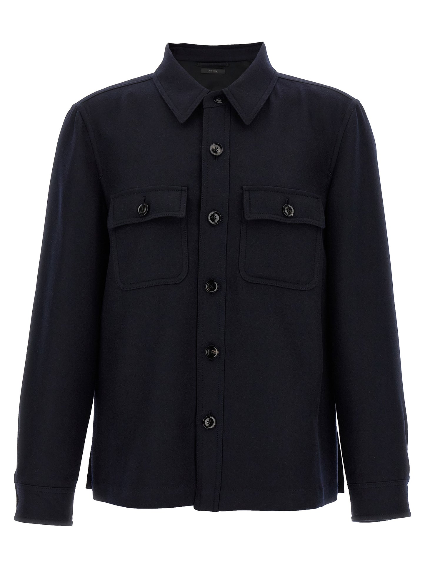 Overshirt by Tom Ford for men in wool & silk blue features an architectural silhouette with a refined and elegant for a architectural look.