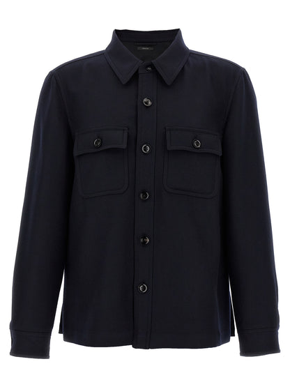 Overshirt by Tom Ford for men in wool & silk blue features an architectural silhouette with a refined and elegant for a architectural look.
