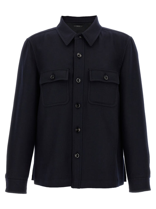 Overshirt by Tom Ford for men in wool & silk blue features an architectural silhouette with a refined and elegant for a architectural look.