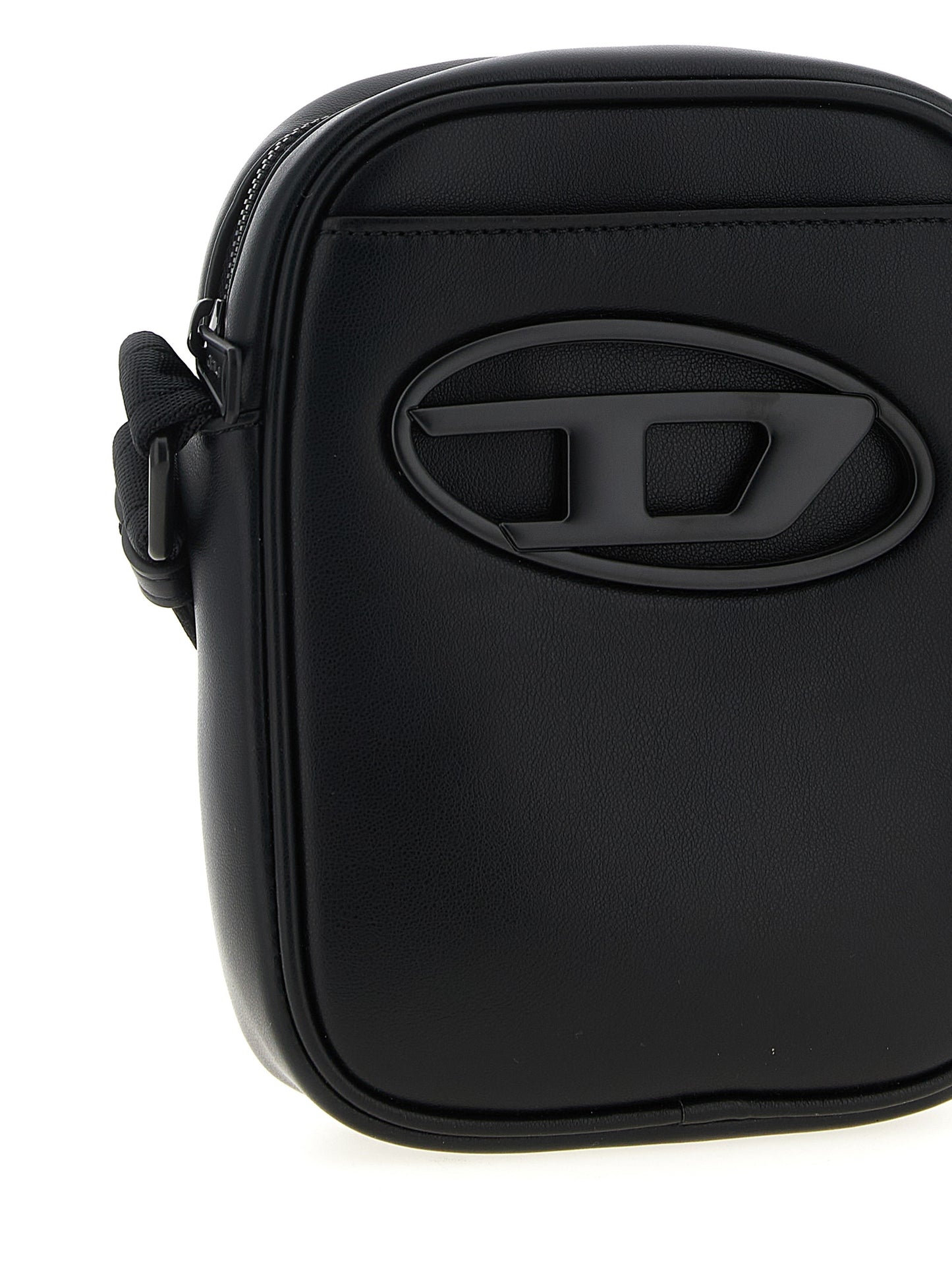 Crossbody Oval Handbag by Diesel for women in polyurethane leather black & signature features a multifaceted silhouette, showcasing a secure zipper and multifaceted with versatile crossbody-strap, shoulder-strap & adjustable-strap for multifaceted style.